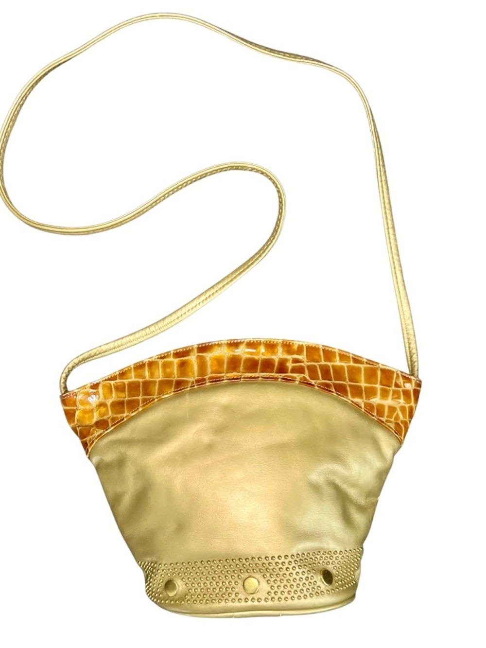 Gold Faux Leather Croc Trim Crossbody Bag Studded Accent Shoulder Purse
